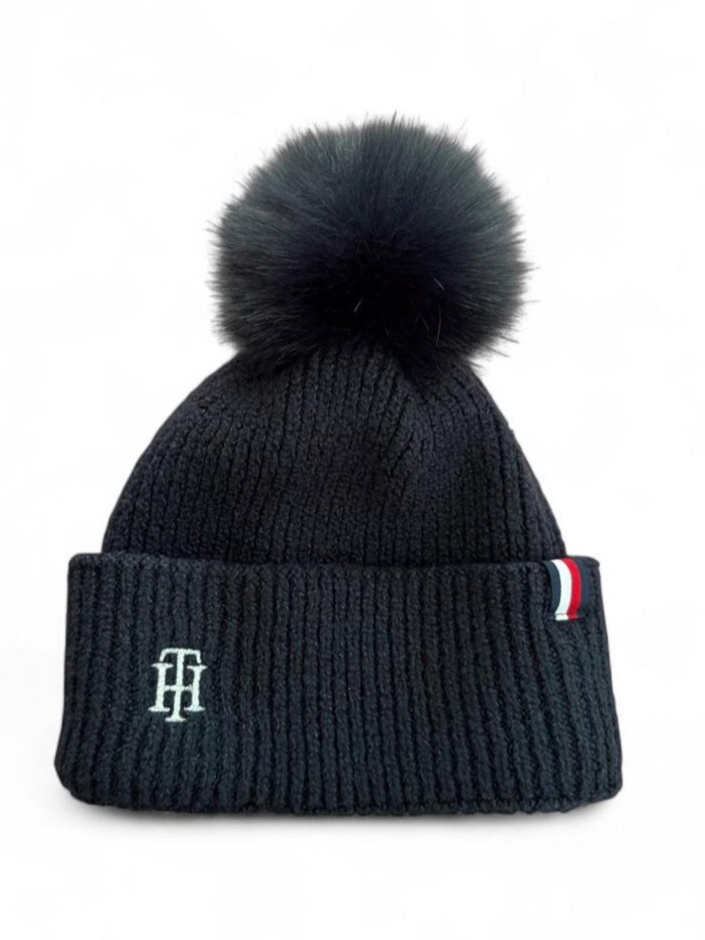 Tommy Hilfiger Navy Blue Ribbed Beanie with Pom Pom